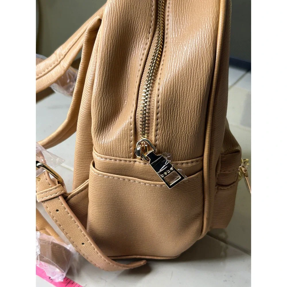 Bebe Logo Mini Backpack Tan Faux Leather‎ Gold Chain Zip Front Pocket Women